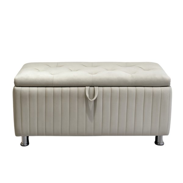 beige velvet ottoman storage bench with storage and button-tufted top